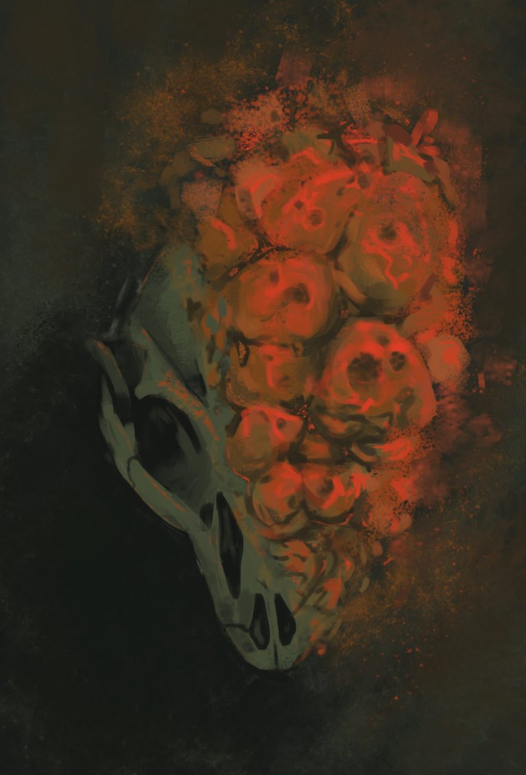 Personal Illuistration of a animal like skull with abstract elements invoking feelings of trypophobia