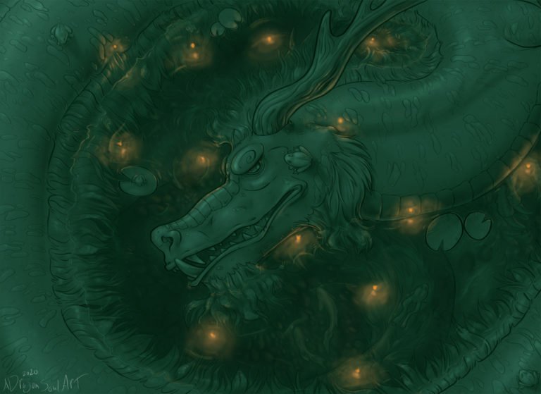 Green and Yellow image of a dragon laying in water