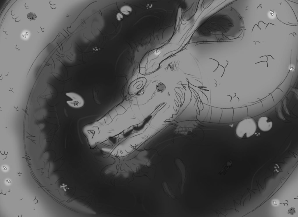 gray scale sketch render of Dragon In Water